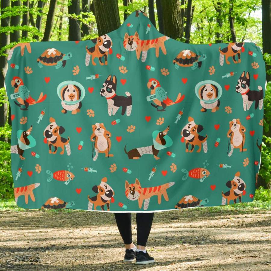 Veterianary Animal Pattern Print Hooded Blanket