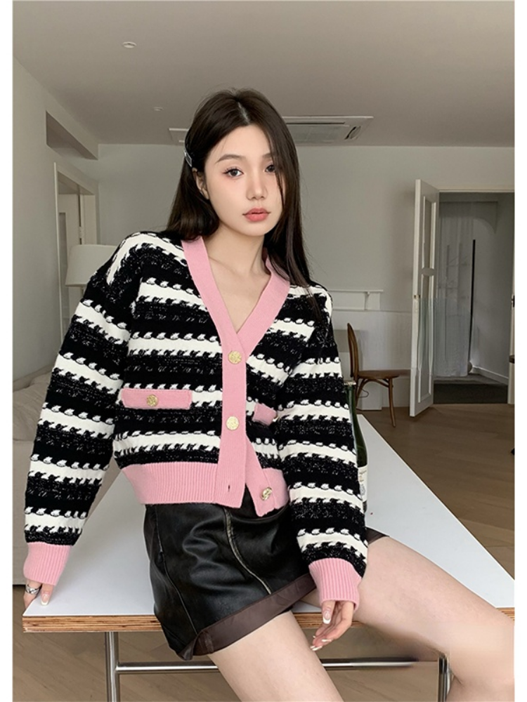 Y2K Retro V-neck Striped Loose Cardigan 2022 Autumn and Winter Harajuku Long-sleeved Jacket Cardigan Sweater Women alx