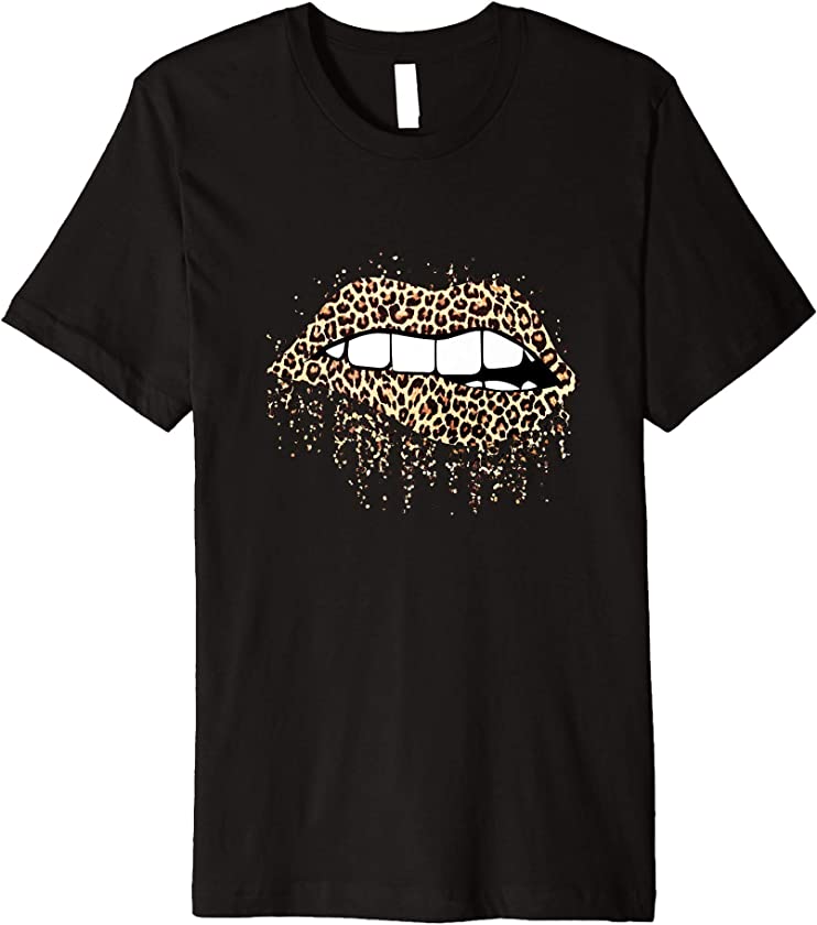 Cool Lips Bite Kiss Me Leopard Print Cheetah- Valentines Premium T-Shirt