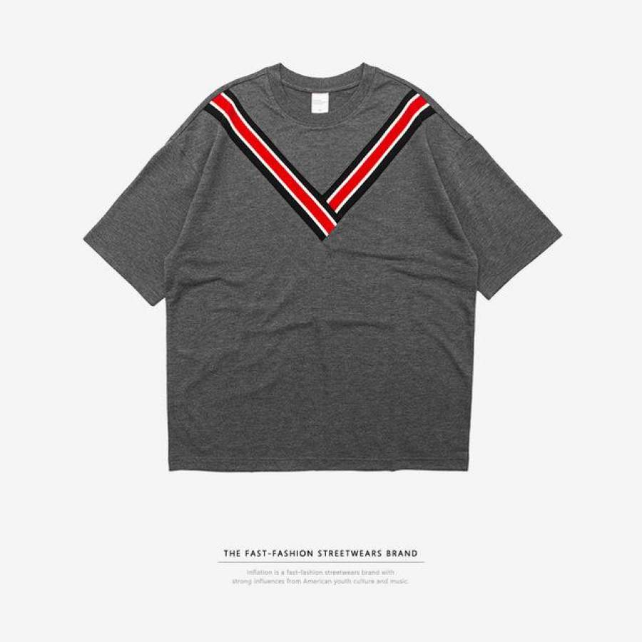 V Stripe T-shirt summer mens casual T Shirt streetwear clothing man’s loose top tee