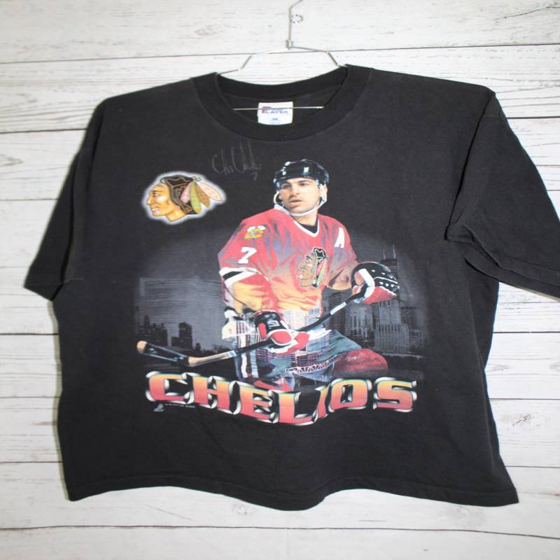 Chicago Blackhawks Chris Chelios Vintage Autographed Hockey T-shirt