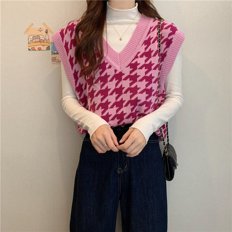 Women Sweater Vest Autumn and Winter Knitting Vest V-neck Plaid Vest Loose Waistcoat Outer Wear Sleeveless Sweater for Women alx