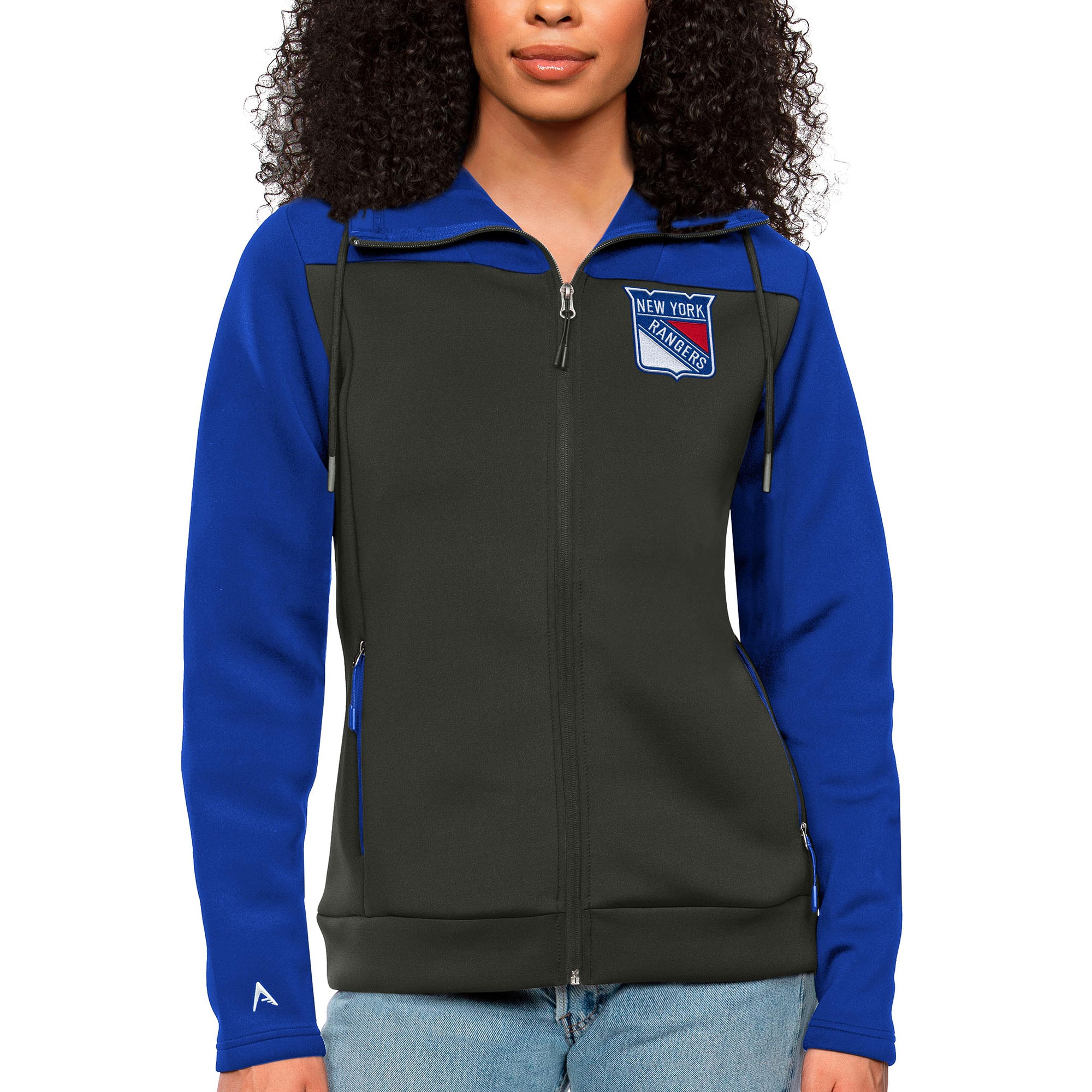 Women's New York Rangers Antigua Royal/Charcoal Protect Full-Zip Hoodie