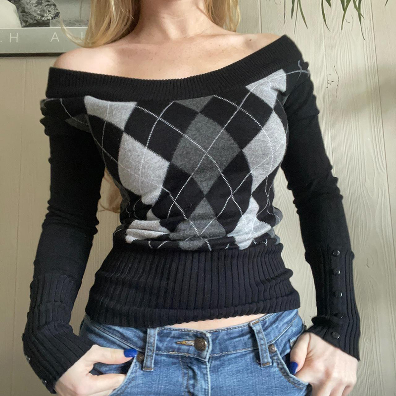 Argyle Plaid Retro Knitted Sweater Preppy Cute Slim Fit Jumper Autumn Long Sleeve Pullovers Tops Y2K Vintage Grunge Streetwear alx