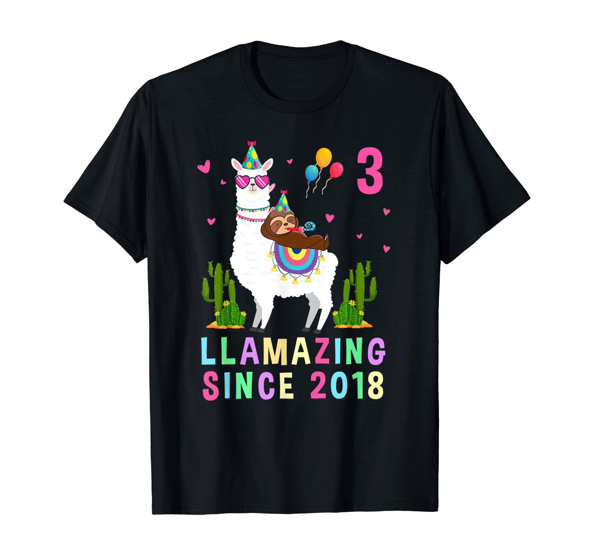 3 Years Old 3rd Birthday Sloth Riding Llama Girls Kids Gift T-Shirt