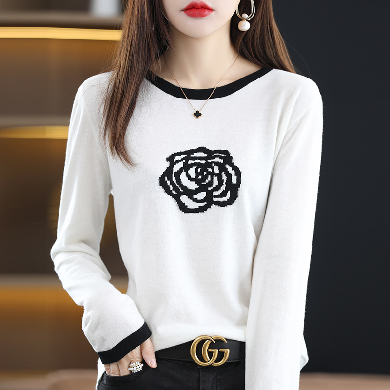 Autumn Winter Ladies Wool Pullover Sweater Crew Neck Embroidered Jacquard Casual Long Sleeve Knit Retro Elegant Fashion Chic Top alx