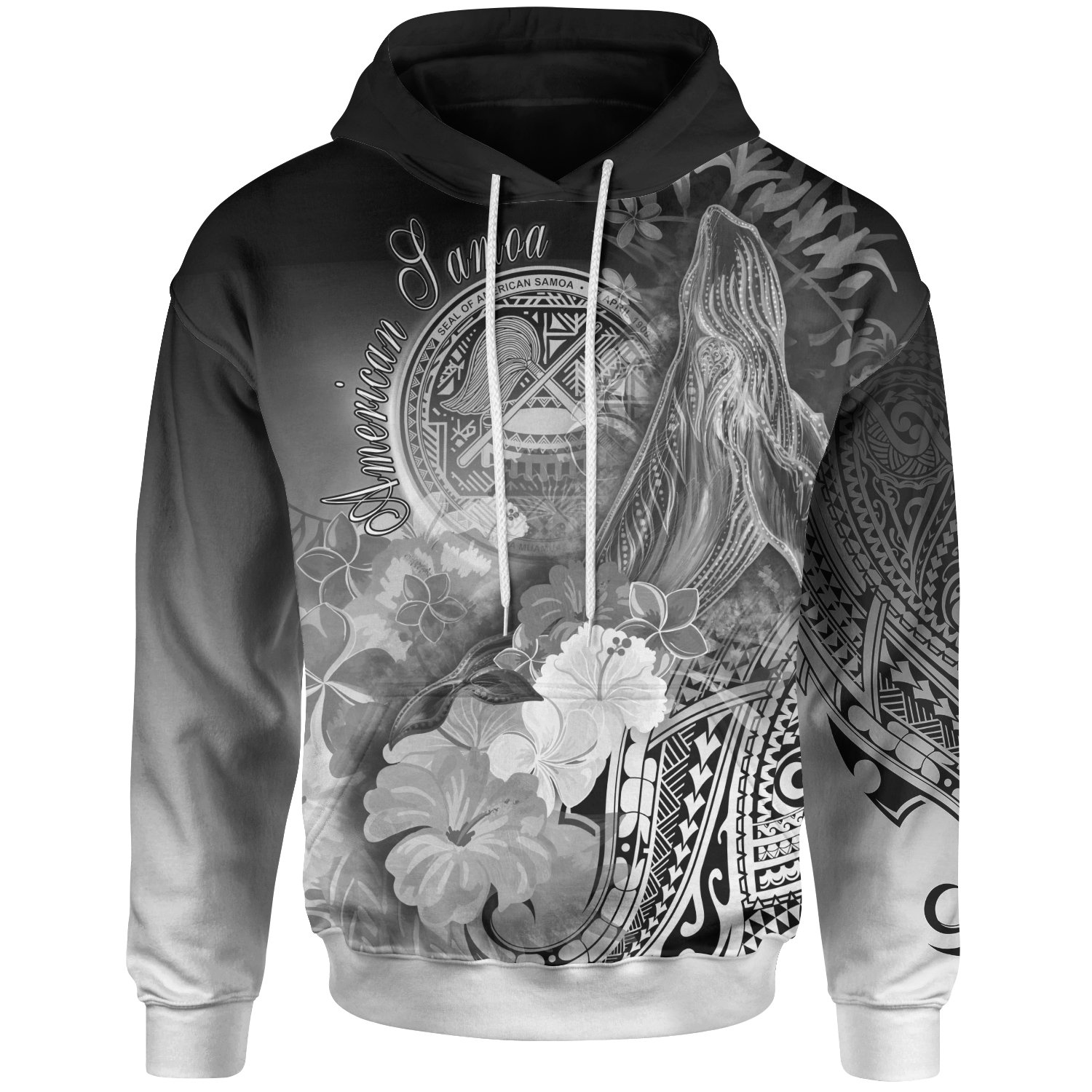 American Samoa Polynesian Hoodie – Humpback Whale with Tropical Flowers (White)- BN18