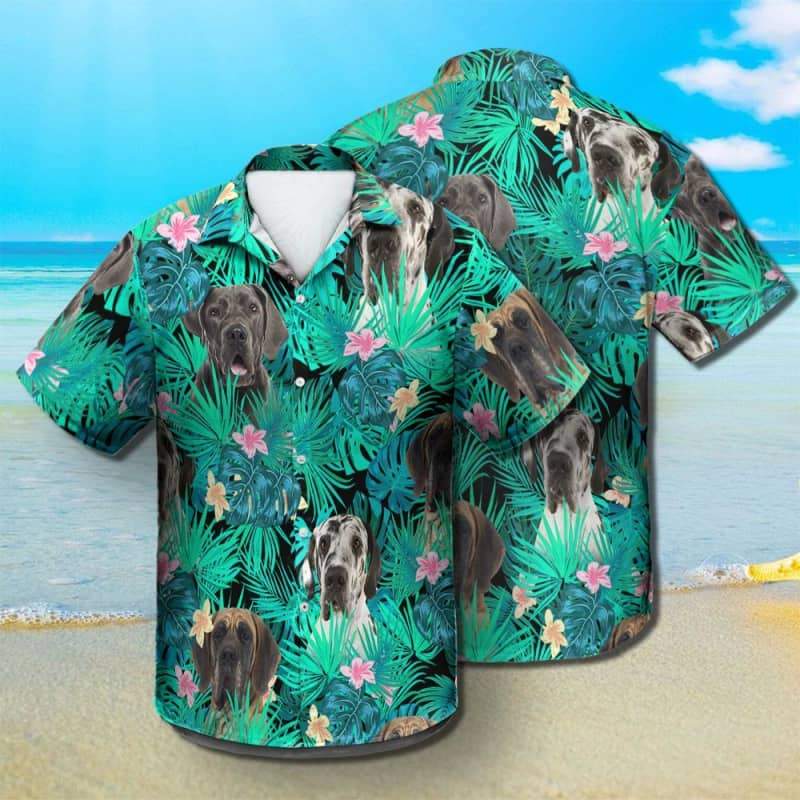 Great Dane Hawaiian Shirt, Dog Summer Leaves Hawaiian Shirt, Unisex Print Aloha Short Sleeve Casual Shirt