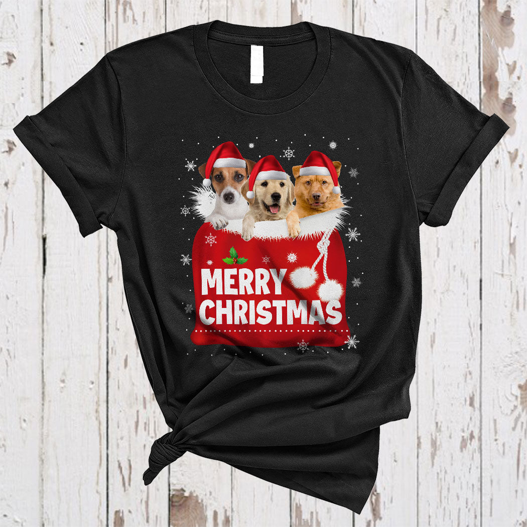 Merry Christmas Funny Christmas Santa Dog Puppy In Xmas Santa Bag Dog Lover Gifts Unisex T-Shirt