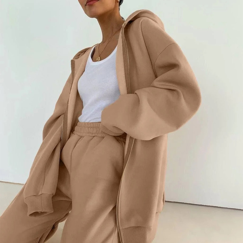 Autumn Simple Outfits 2022 New Casual Zipper Hooded Tracksuit Two Piece Set Women Loose Solid Color Sweatshirt+Long Pants Suits alx