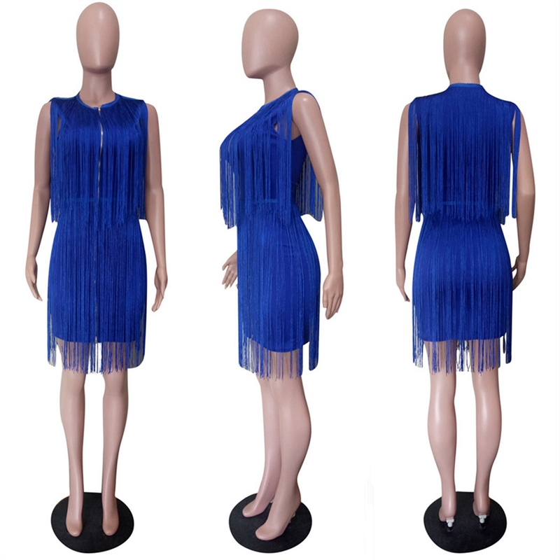 Tassel Fringe Dress Women Elegant Club Party Dress Fashion Sleeveless Front Zipper Slim Sheath Evening Sexy Bodycon Mini Dress alx