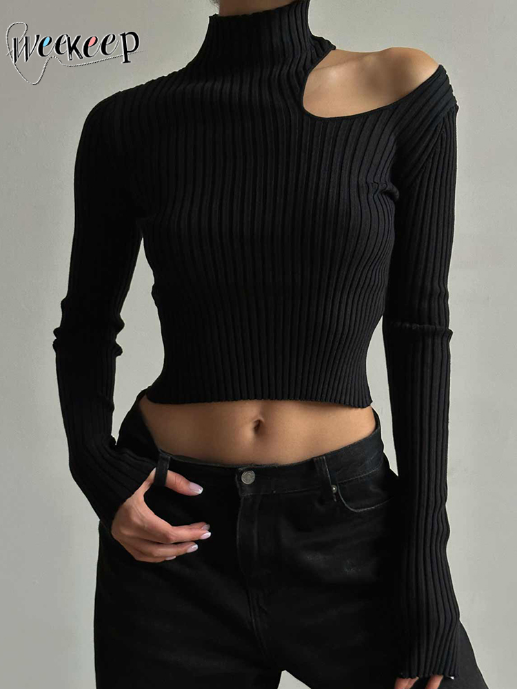 Weekeep Women Turtleneck Sweater Chic Hollow Out Off Shoulder Skinny Knit Pullovers Casual Streetwear Basic Jumper Office Ladies alx