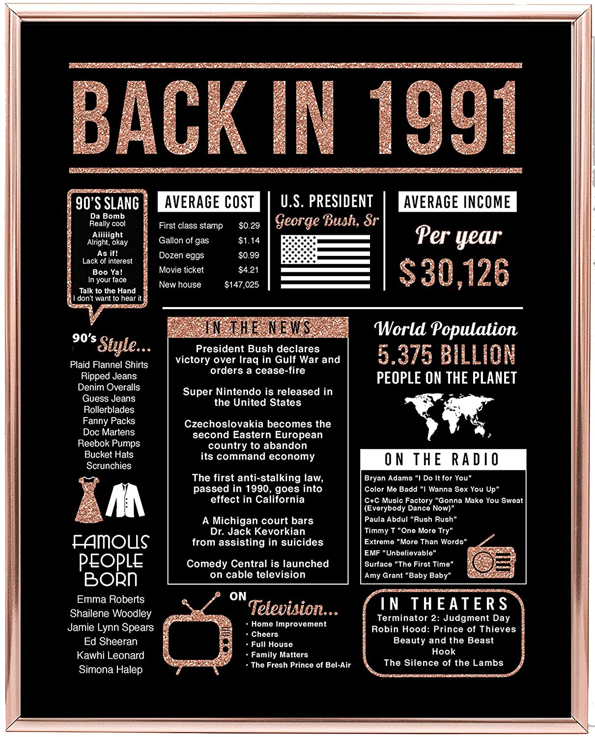 Back In 1991 Hot Events Poster Rose Gold Art Birthday Gifts 29 Year Olds 29Th Anniversary Home Decor Rose Gold Gift For Man Woman Poster