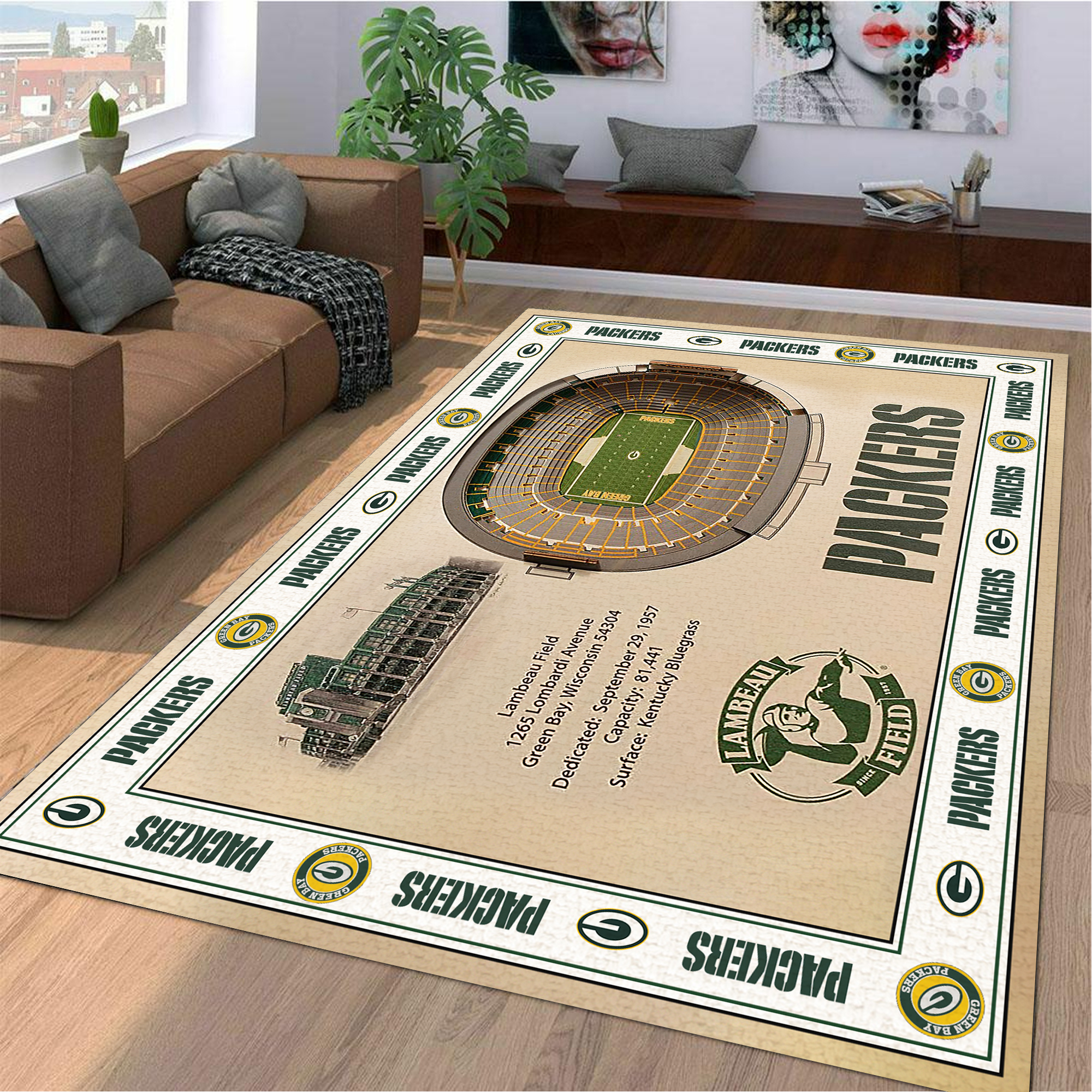 Fan Deco – Bordered Green Bay Packers Stadium 3D View Area Rug