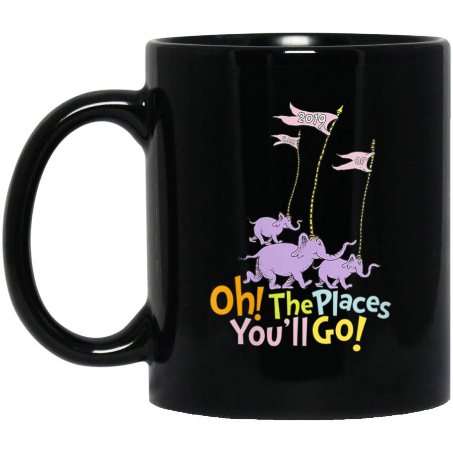 Womens Dr Seuss Oh the Places Youll Go Class of 2019 Elephant VNeck Black Mug