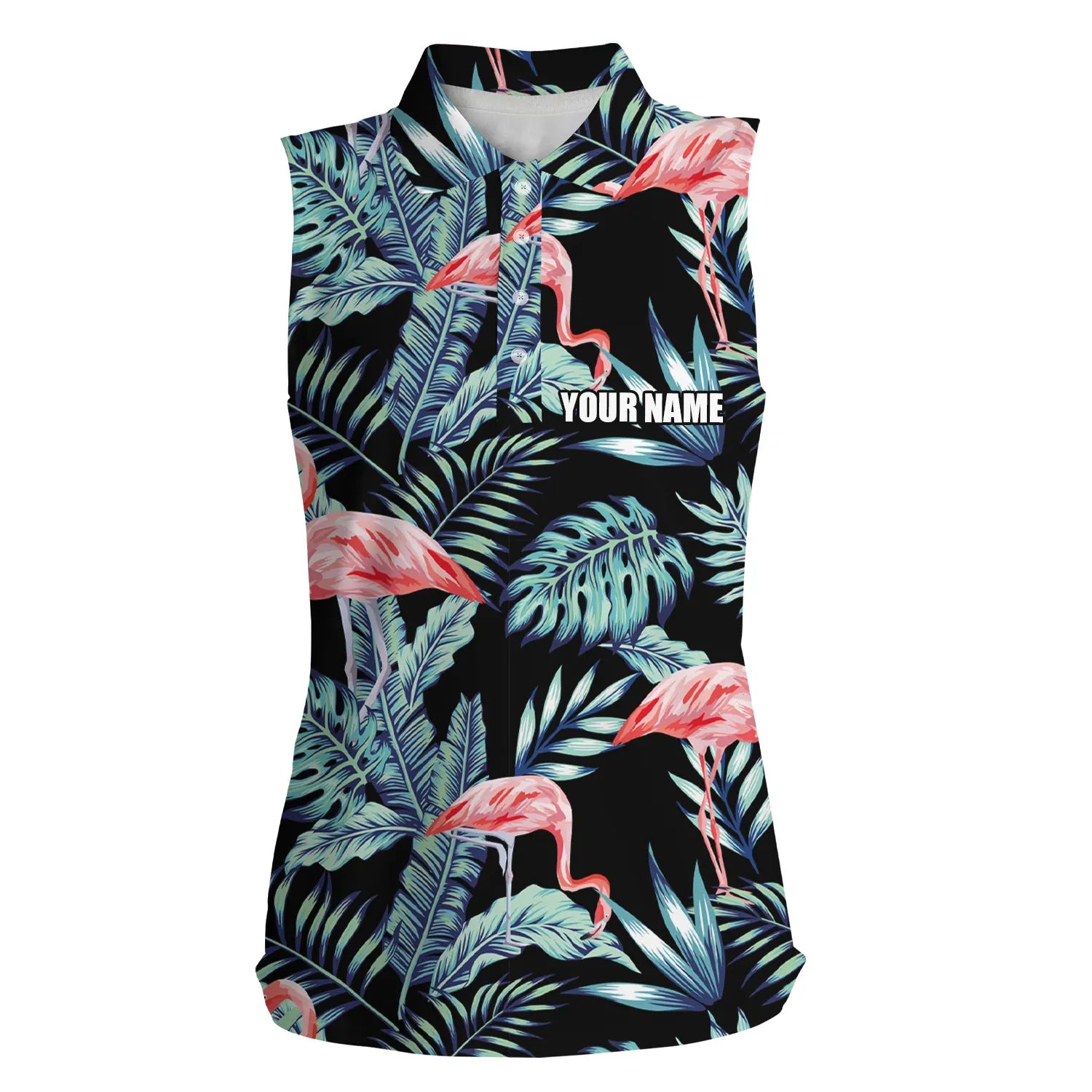 Women Sleeveless Polo Shirt, Blue Forest Pattern Pink Flamingo Golf Shirts Custom Golf Shirts For Women