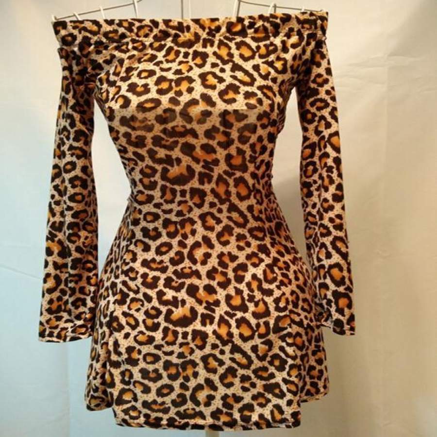 Women’s Fit And Flare Long Sleeve Slash Neck Leopard Night Club Party Dress