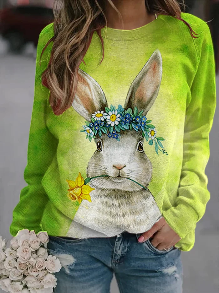 Women’S Floral Bunny Print Casual Sweatshirt