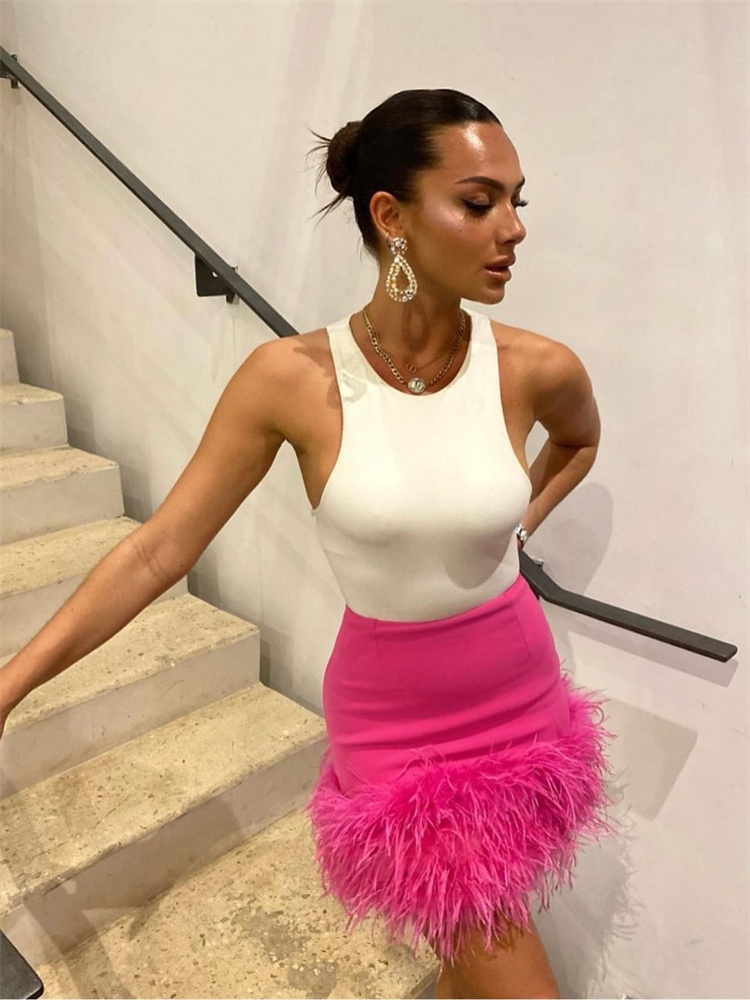 WESAYNB elegant Sexy Clothes Skirt For Women Rose Red Mini Skirts Fashion Casual A-line Feather High Waist Skirts Women 2022 alx