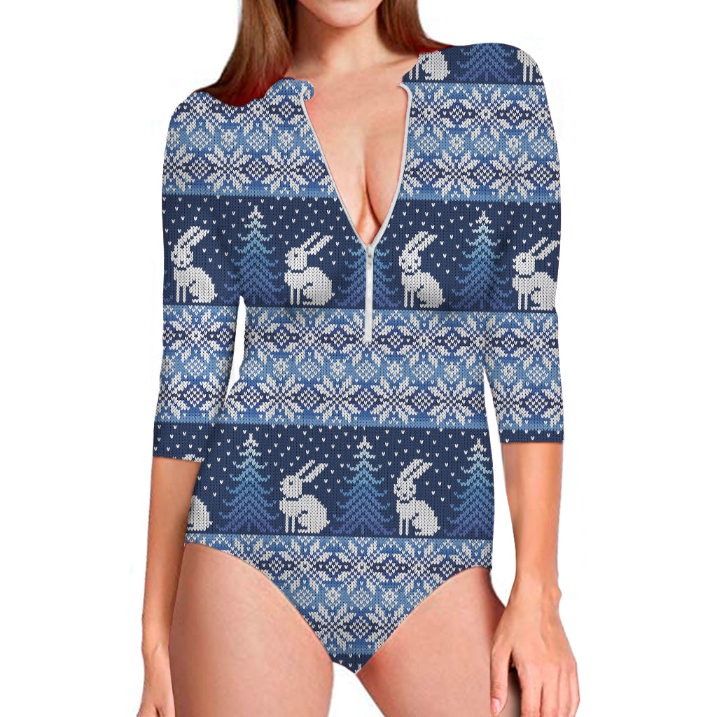 Snow Rabbit Knitted Pattern Print Long Sleeve One Piece Swimsuit