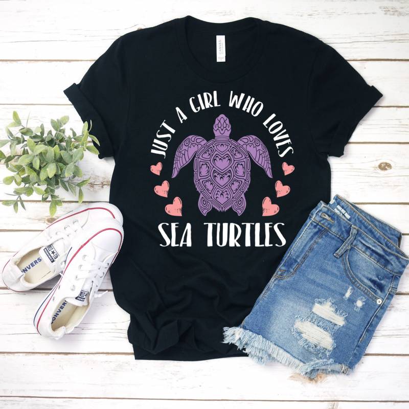 Crushtee Just a Girl Who Loves Turtles Cute T shirt, Sea Turtle Gifts, Present, Save The Turtles Shirts, Cute Turtle TShirt, Sea Turtle Lover Tee, Long Sleeve Hoodie