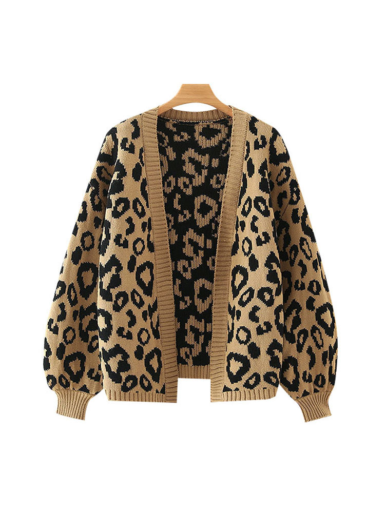 TRAF Women Fashion Leopard Pattern Loose Knitted Cardigan Sweater Vintage Lantern Sleeve Female Outerwear Chic Tops alx