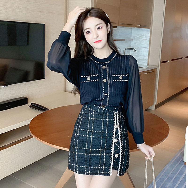 Winter Two Piece Set Women Korean Style Knitting Solid Cardigan Sweater+fashion Tweed Wool Plaid Sexy Mini Bodycon Skirt Z66 alx