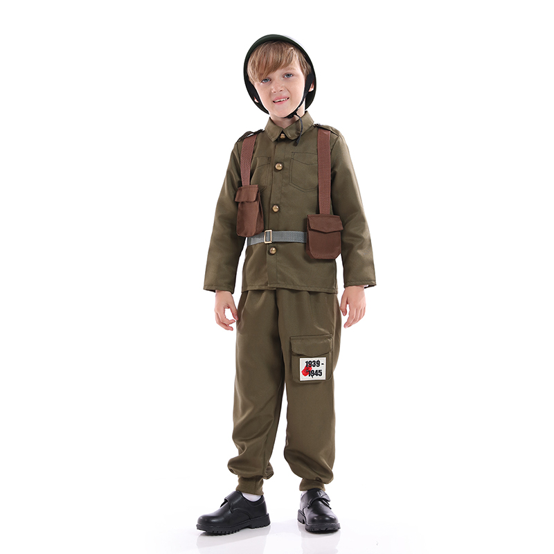 Army Soldier Costume Kid WWII Soldier Army Disguise Dress Up With Hat Boy Halloween Cosplay Outfit Military Uniform Khaki alx