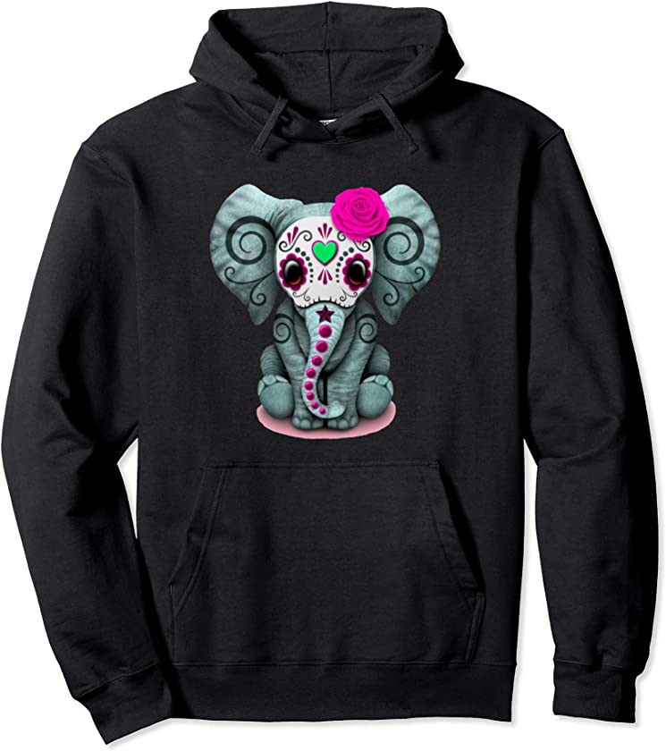 Sugar Skull Pink Rose Elephant Day Of The Dead Halloween Pullover Hoodie