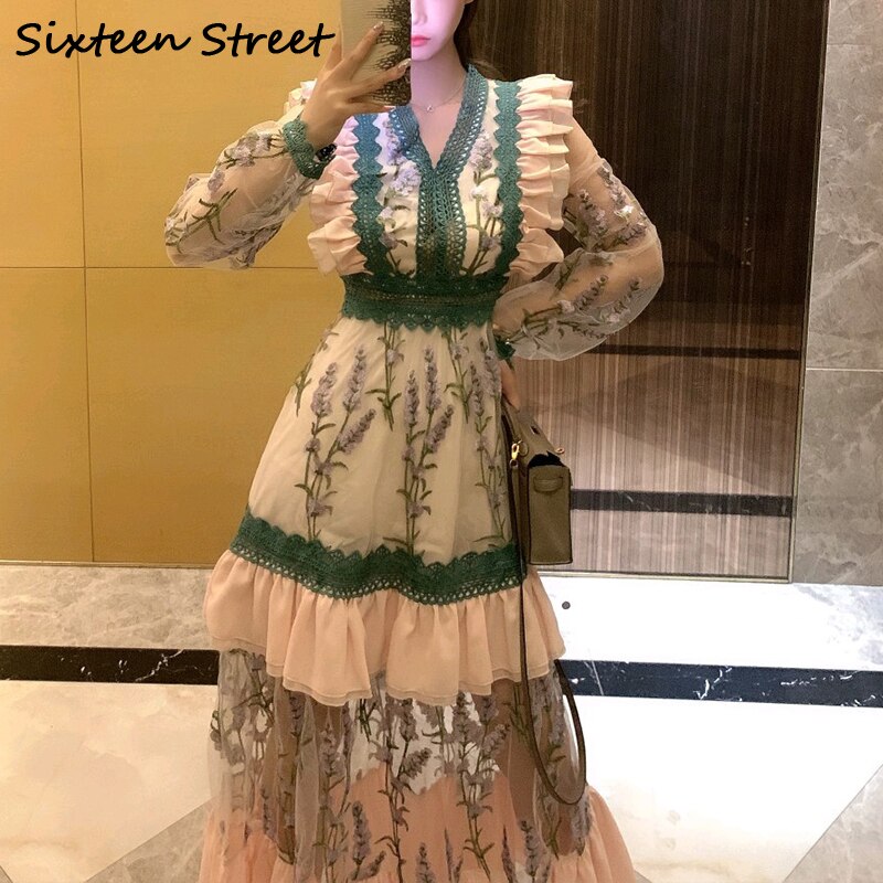 2022 Fashion Vintage Embroidery Dress Female V-neck Long Sleeve High Waist Bodycon Green Mesh Patchwork Elegant Dresses Woman alx