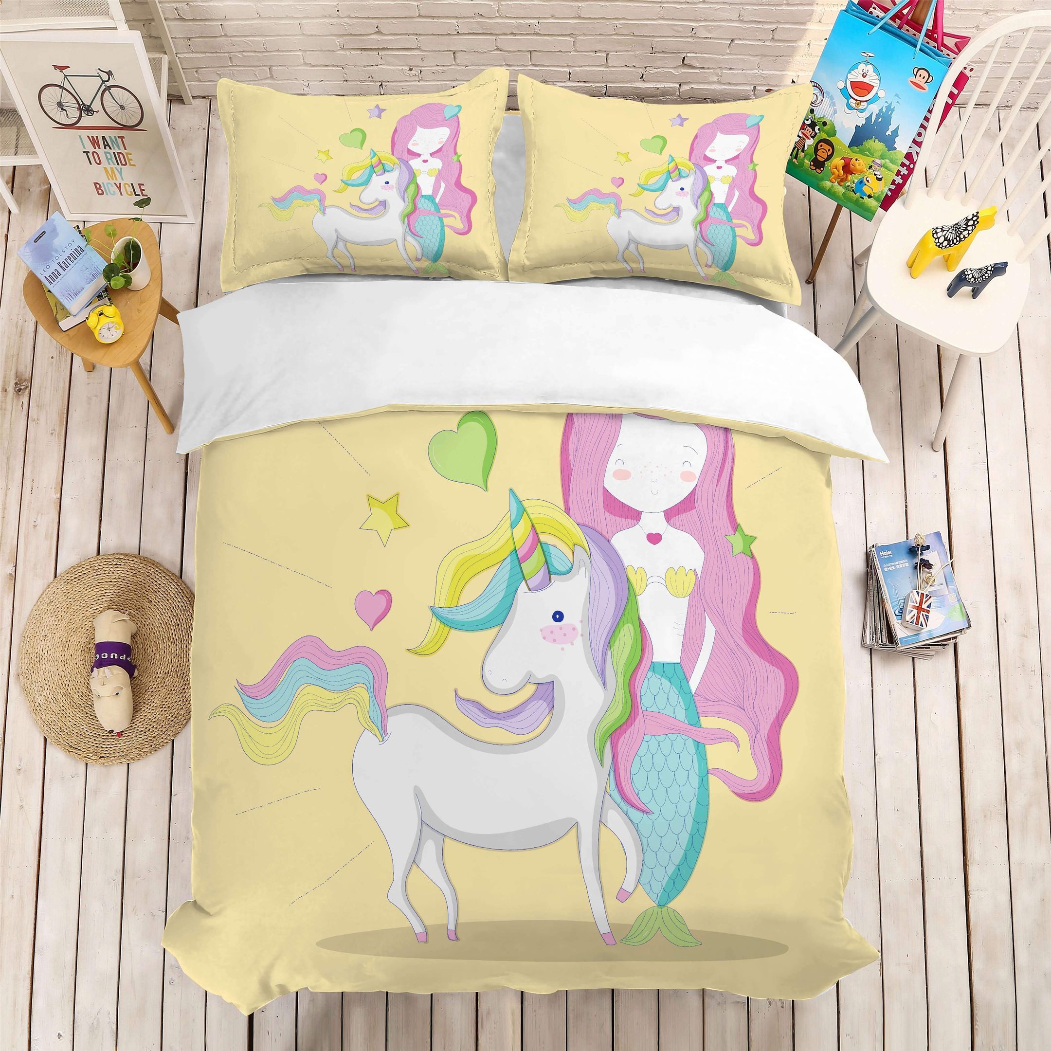 3D Cartoon Mermaid Unicorn Comfortable Bedding Set Bedroom Decor