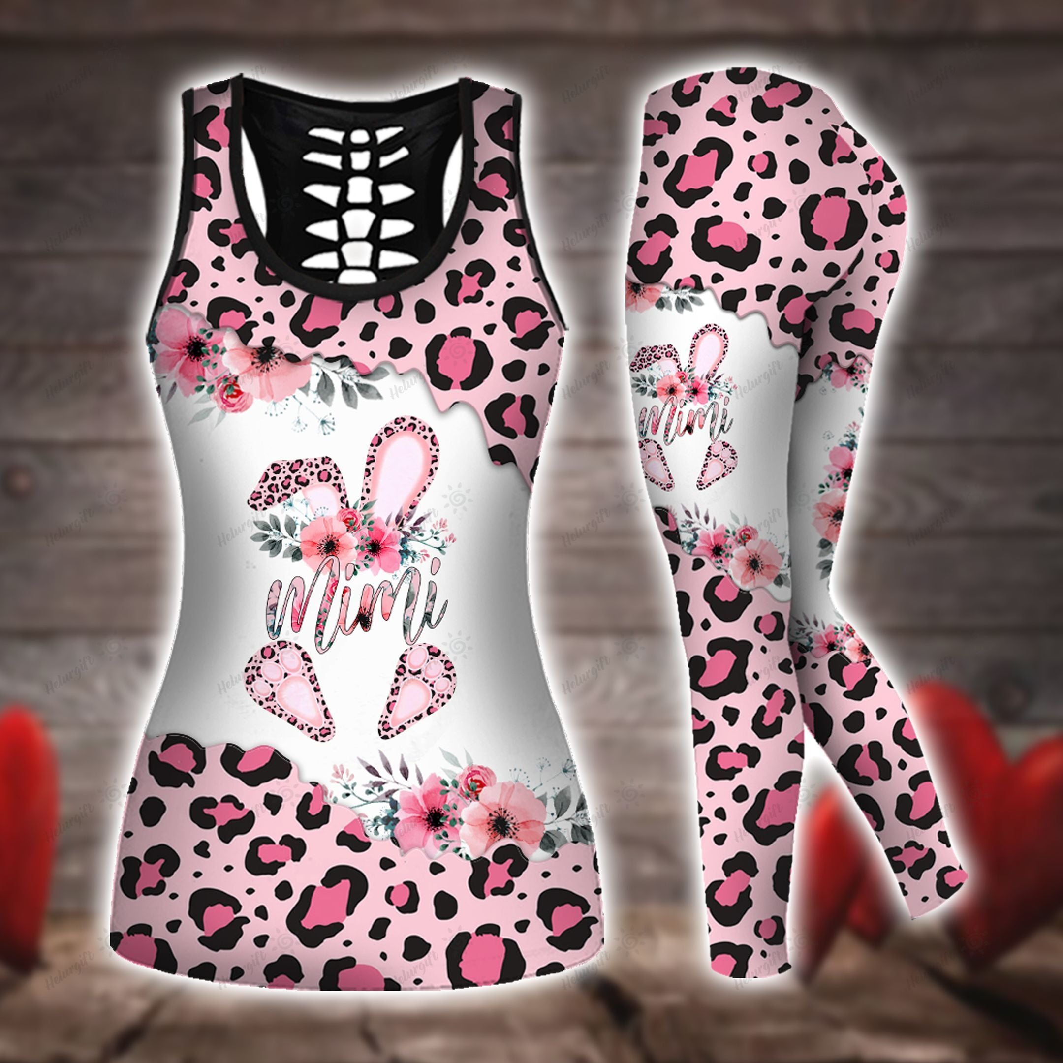 Pink Mimi Bunny Easter Leopard 3D All Over Printed Hoodie Set Tanktop Legging Set  Outfit