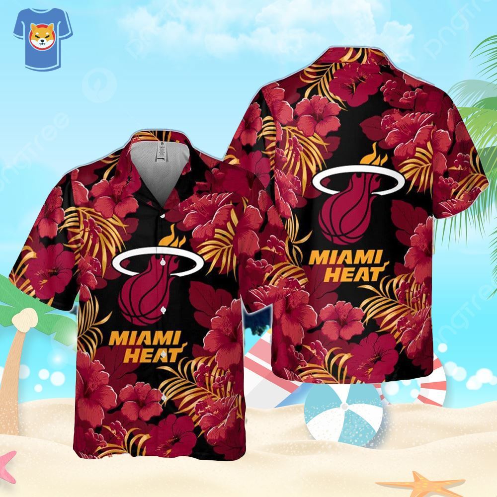 Miami Heat Hibiscus And Tree Tropical Pattern Print Hawaiian Shirt