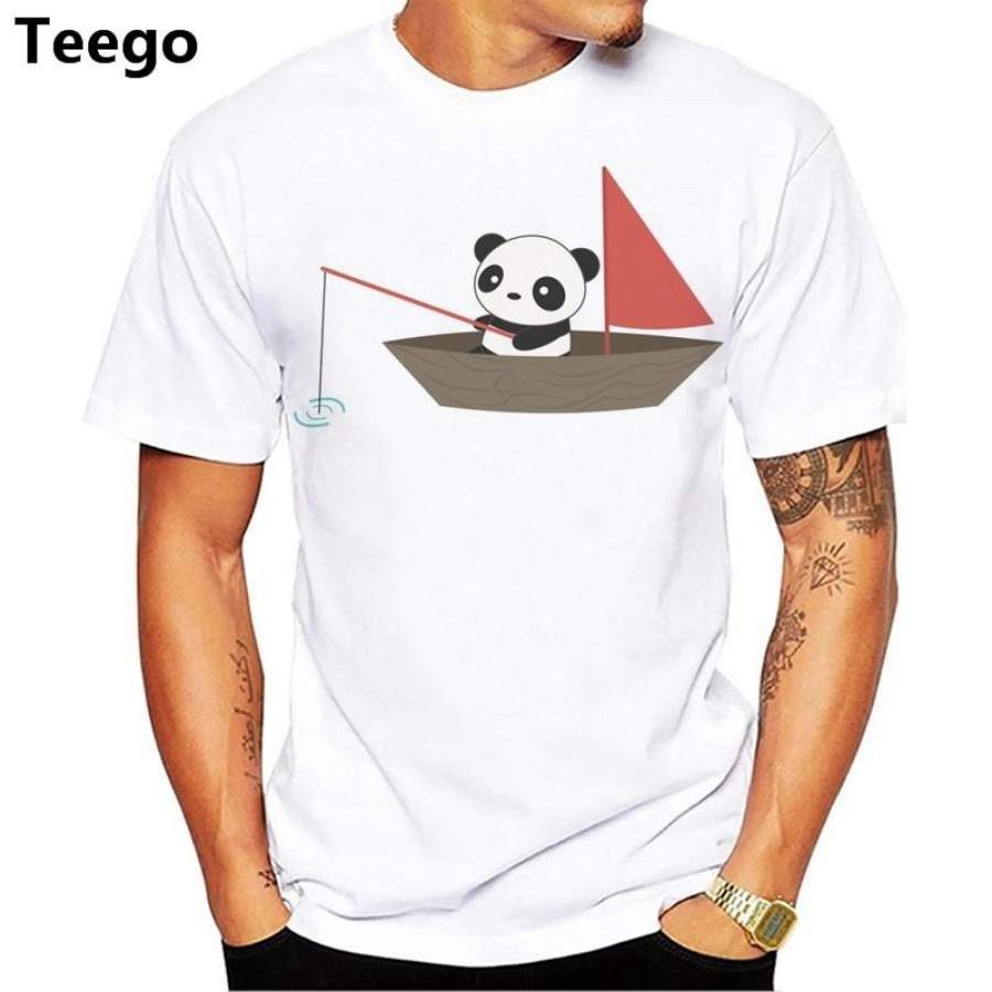 Summer Cotton -Shirts Panda Fishing In A Boat Print Short Sleeve Slim Fit Fashion Top tee