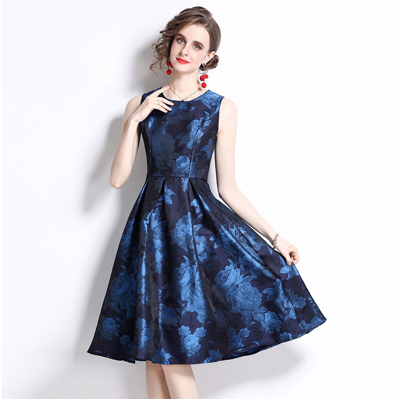 BunniesFairy Spring New Vintage Hepburn Elegant Royal Golden Geometric Embroidery Jacquard Embossed Floral Midi Sleeveless Dress alx