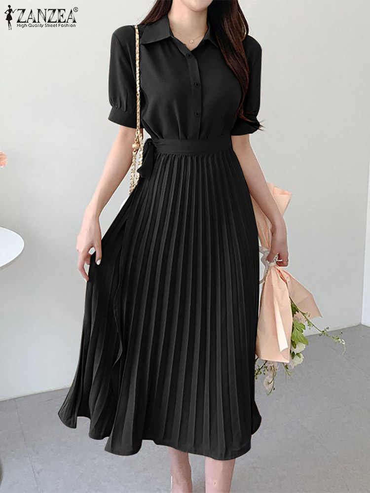 ZANZEA Summer Elegant Women’s Dress Pleated Solid Half Sleeve Lapel Midi Sundress Femme Fashion Work OL Oversized Vestidos 2022 alx