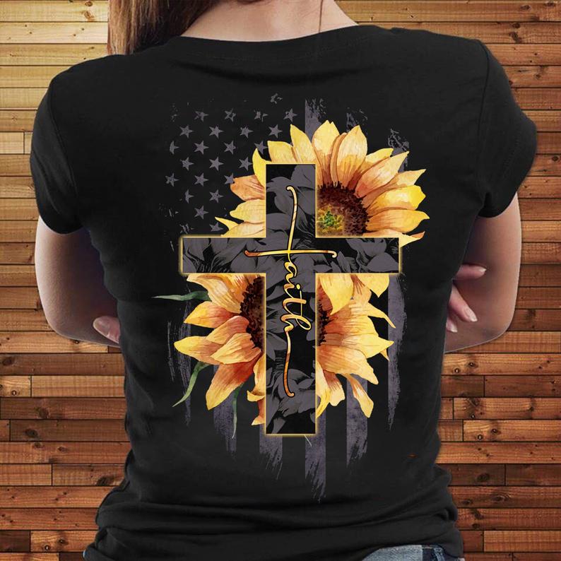 Sunflower Faith Cross American Flag Christian T Shirt Women T-Shirt Hoodie