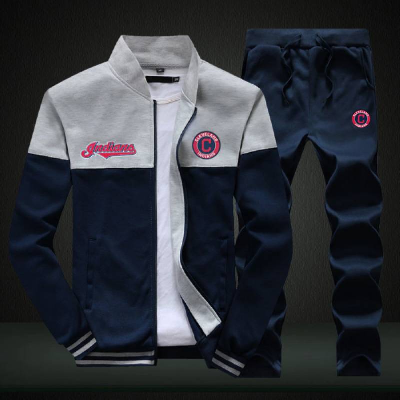 Cleveland Indians Sweatshirt +Sweatpants Mens Clothing 2 Pieces Sets Slim Tracksuit