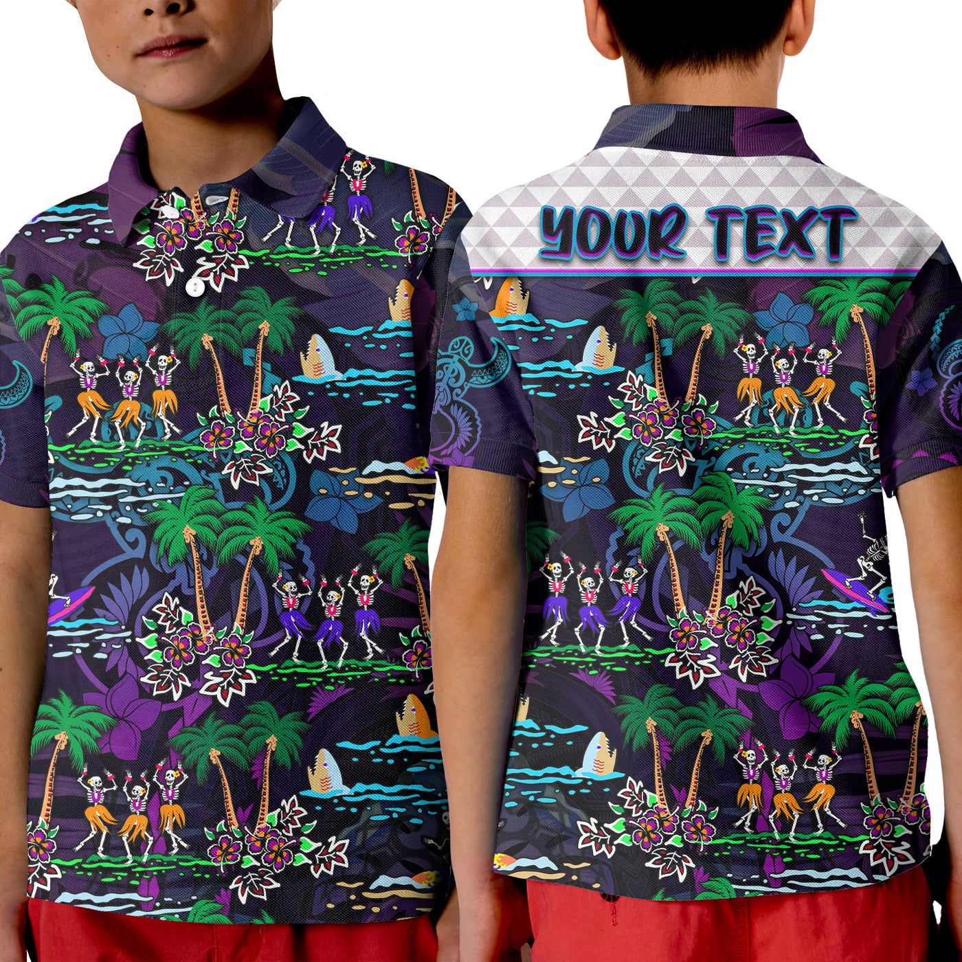 Custom Personalised Hawaii Skeleton Dancing Polo Shirt Kid Halloween Hawaiian Turtle Lt13