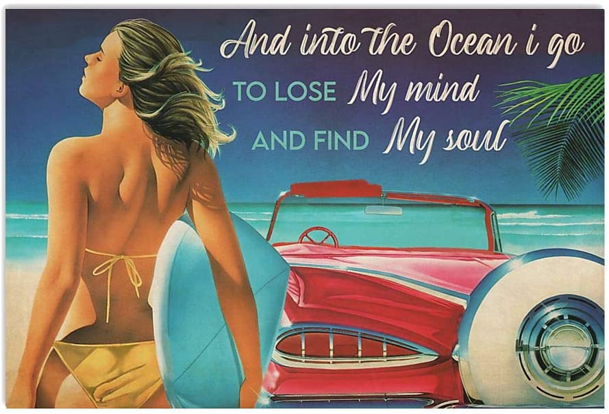 Vintage Girl Surfing And Into The Ocean I Go Poster Art Print      Home Decor Gift For Men Women Family Friend On Birthday Xmas