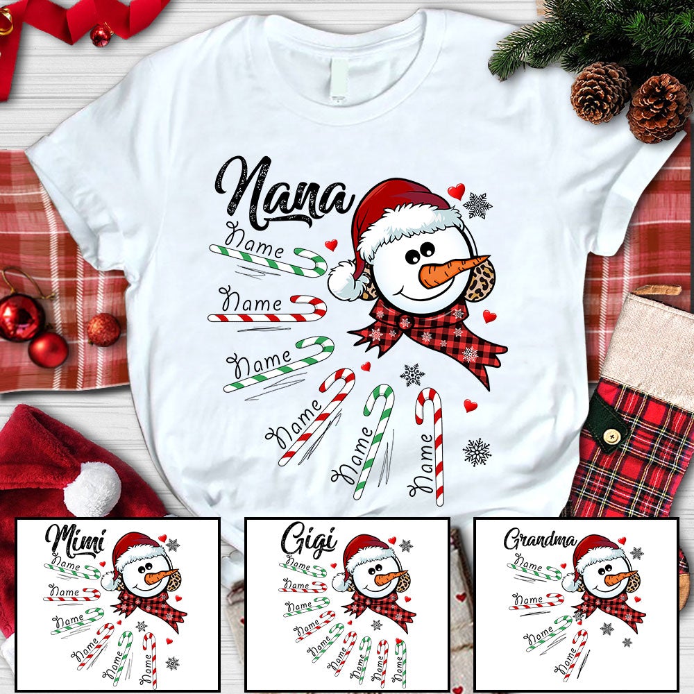 Personalized Grandma Nana Snowman Shirt Nana With Grandkids Name Candy Cane Christmas Shirt