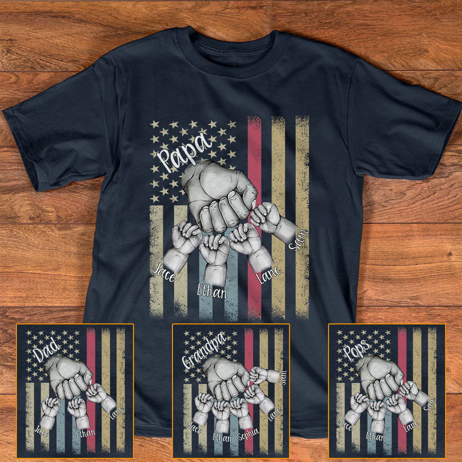 Personalized Grandpa Grandkids Hands Flag T-Shirt