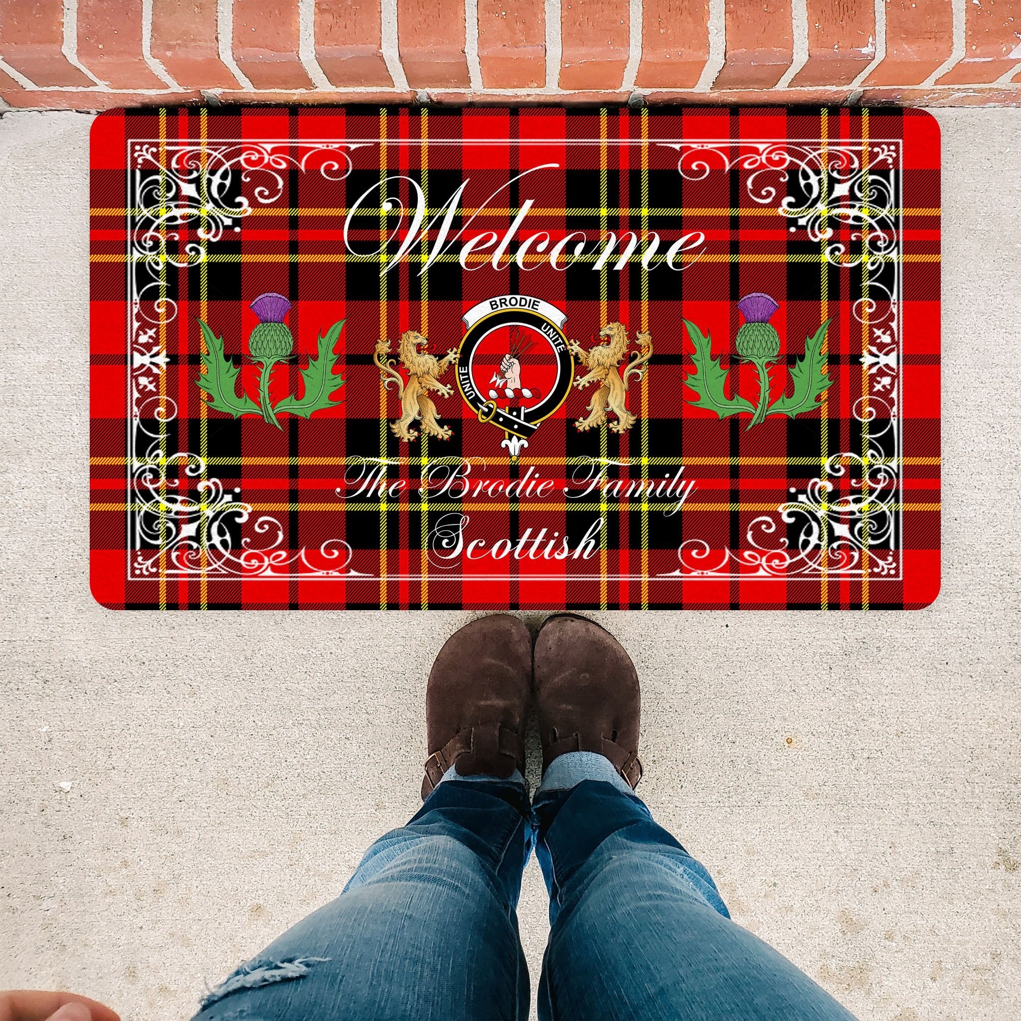 Scotstee Shop Tartan Door Mats Clan Brodie Badge Tartan Thistle And Two Lion Scottish Plaid Doormat, Christmas Door Mat Gift