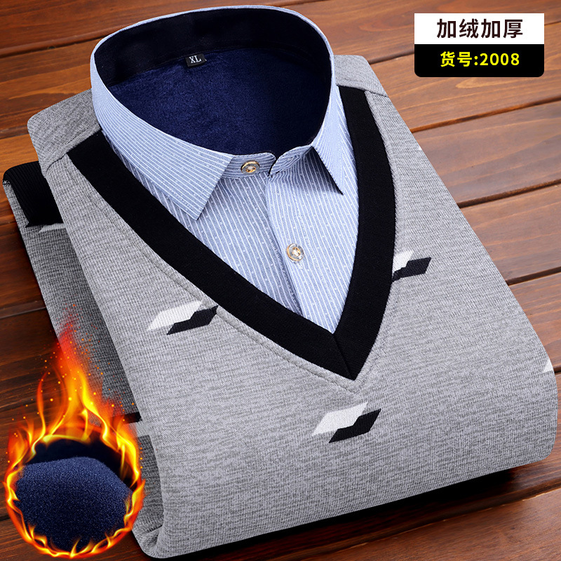 2022 New Sweater Men’s Plus Velvet Fake Two-piece Thickened Middle-aged Bottoming Shirt Business Casual Classic Brand Knitwear alx