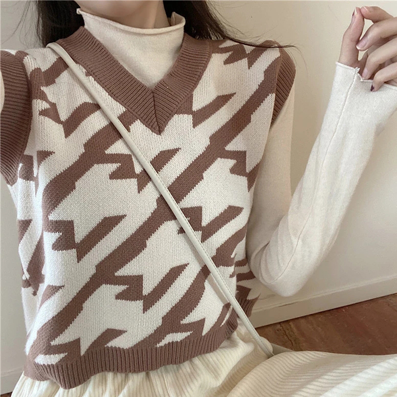 Aelegantmis V Neck Houndstooth Knitted Vest Women Casual Korean Spring Autumn Sleeveless Sweater Waistcoats Femme Pullover 2022 alx