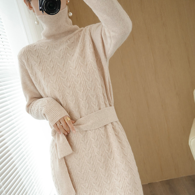 2021 New Winter High-Neck 100%Pure Wool Cashmere Dress Women Thicken Over The Knee Long Skirt Sweater Knit Large Size Warm Top alx