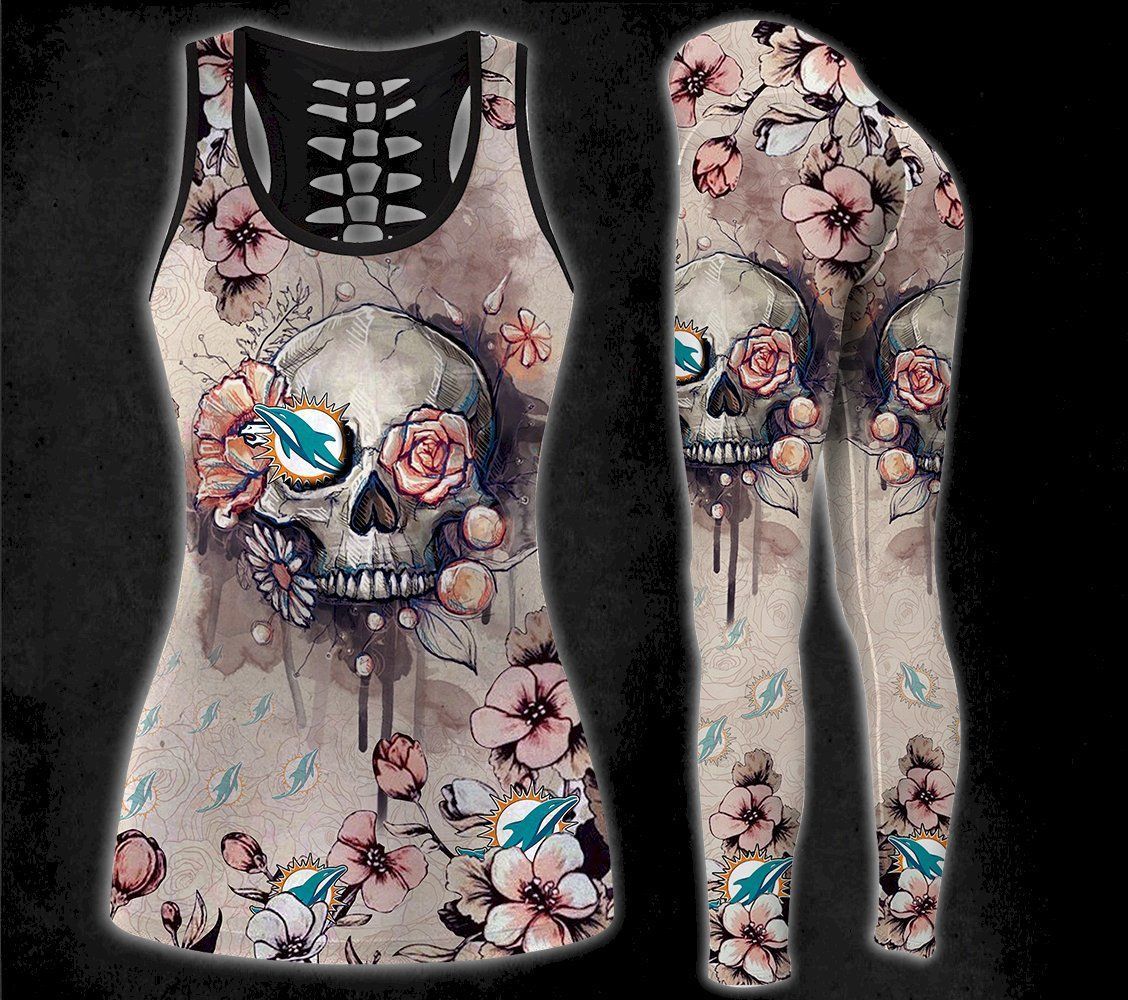 Combo Miami Dolphins Skull Flower Hollow Tanktop Leggings Set V1788