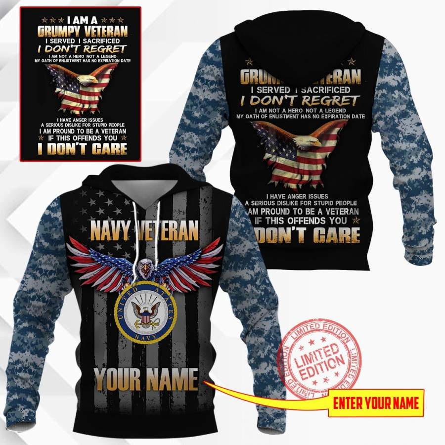 PERSONALIZER NAME Navy Veteren Hoodie 3D Printing HLT-MQ002