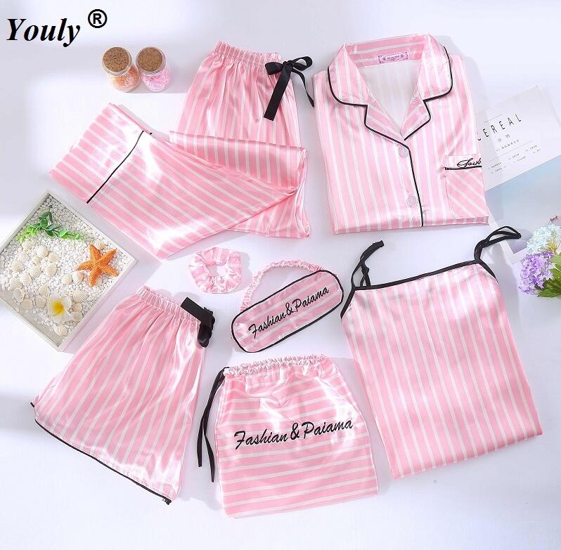 Women 7 pieces Pink pajamas sets satin silk lingerie homewear sleepwear pyjamas set pijamas female stripe printed Nightwear suit alx