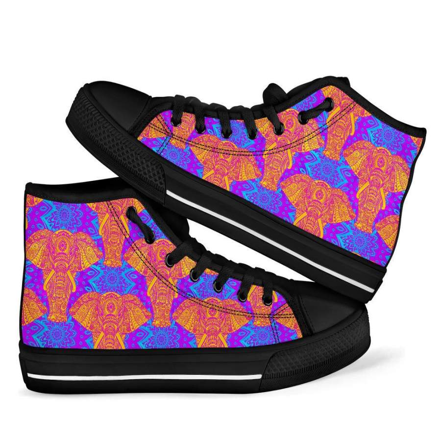 Yellow Elephant Mandala Print Men Women’s High Top Shoes